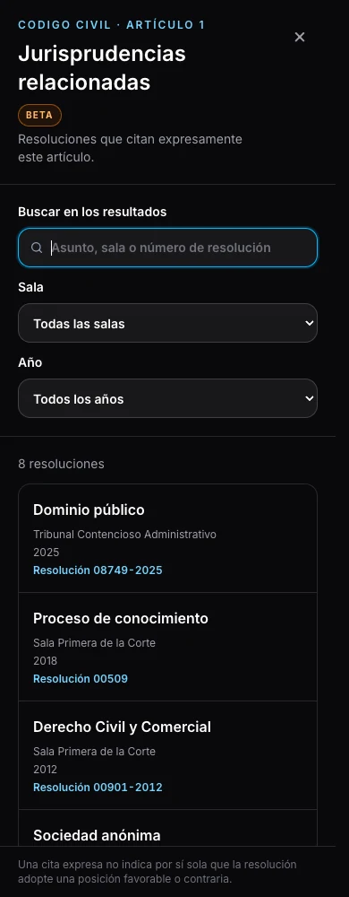 Resoluciones relacionadas disponibles desde un artículo del Código Civil en LANX